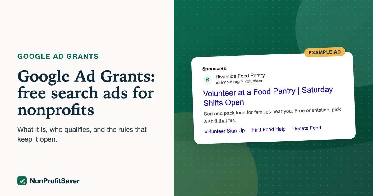 Example Google Ad Grants search ad for a food pantry, labeled as an example