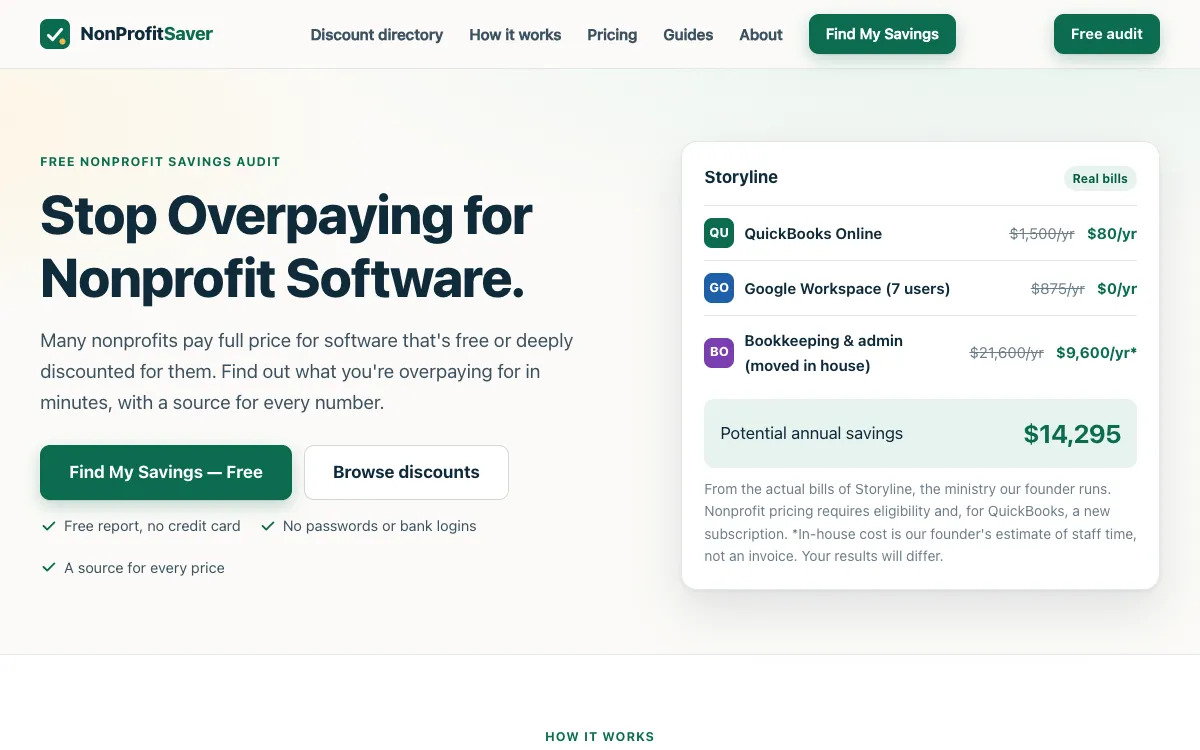 NonProfitSaver.com homepage on a desktop screen