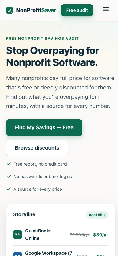 NonProfitSaver.com homepage on a phone